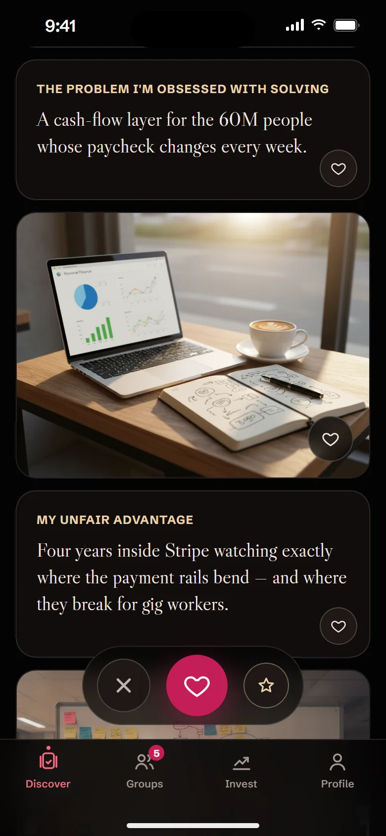 A founder profile with prompt answers and photos you can like one by one.