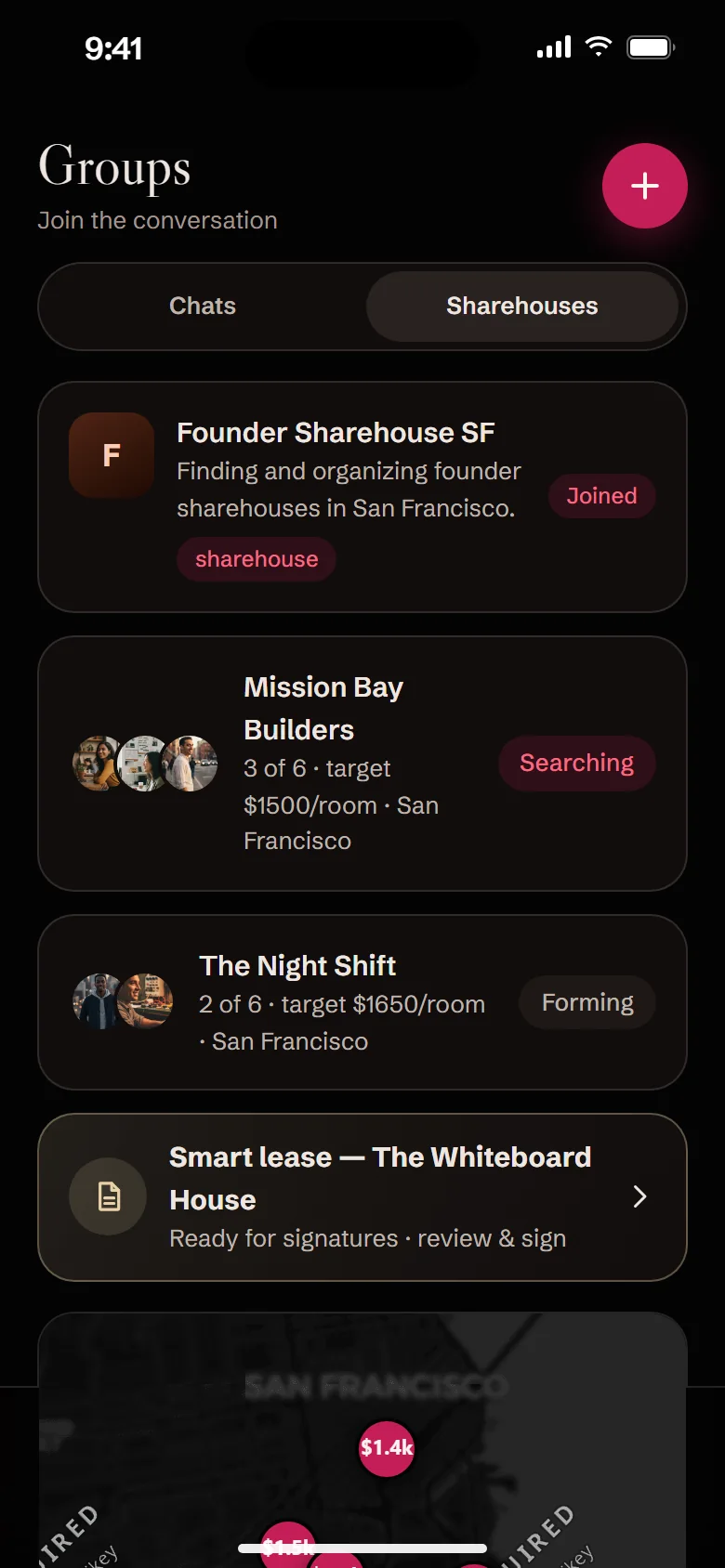Sharehouses: house groups, a map of listings and a smart lease ready to sign.